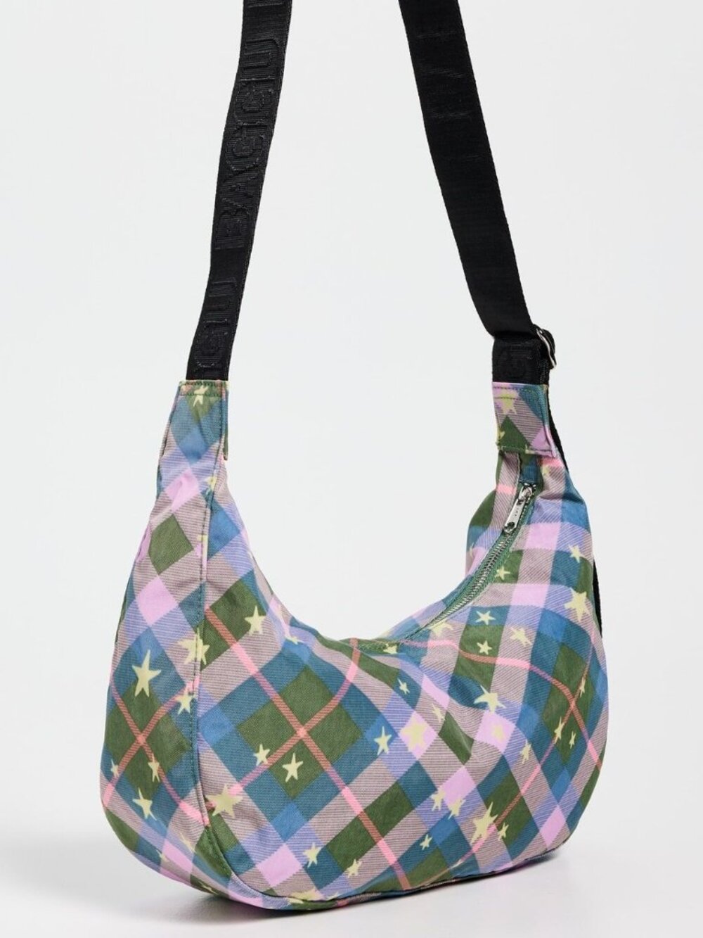 NWT Baggu Medium Crescent Bag - Green Star Plaid